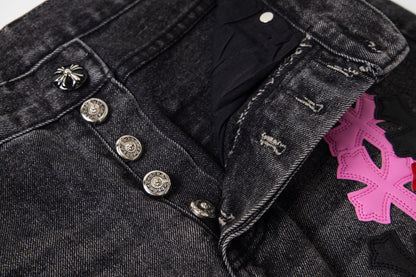 Chrome Hearts Multi Cross Patch Denim Jeans - Grey Gothic Street Pants 1111